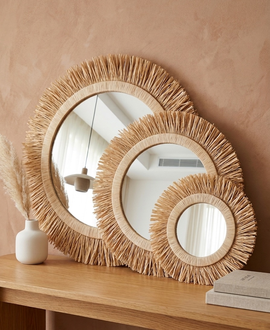 Handmade Raffia Sunburst Mirror: Boho Wall Decor — handcrafted Moroccan straw tote
