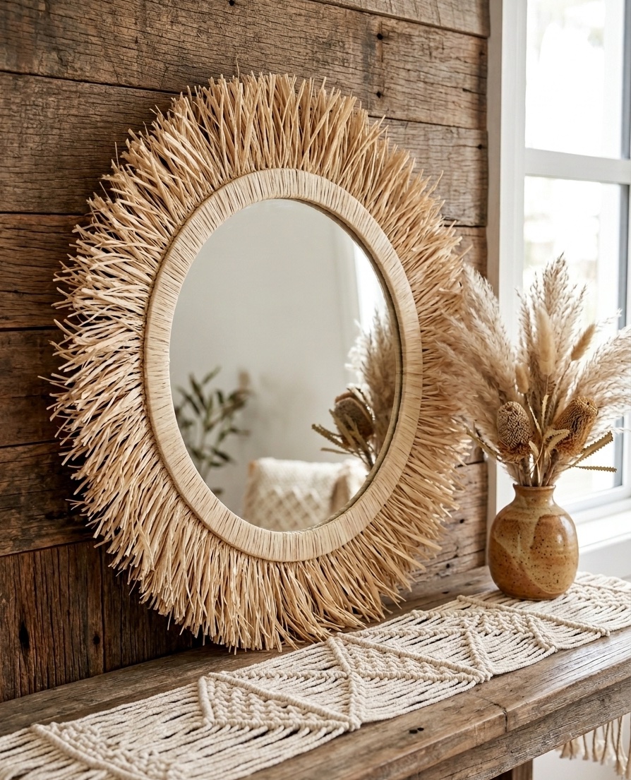 Handmade Raffia Sunburst Mirror: Boho Wall Decor
